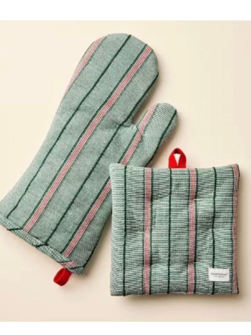 2025 Hearth &,Hand Green Stripe Christmas Holiday Pot Holders and Oven Mitt NEW